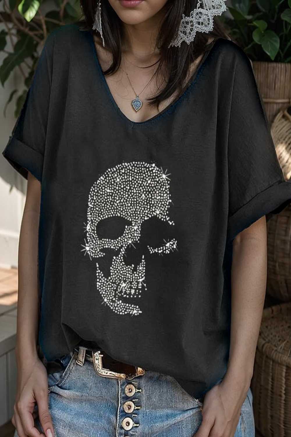 v neck skull print loose short sleeve t shirt 105639