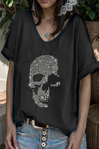 v neck skull print loose short sleeve t shirt 105639