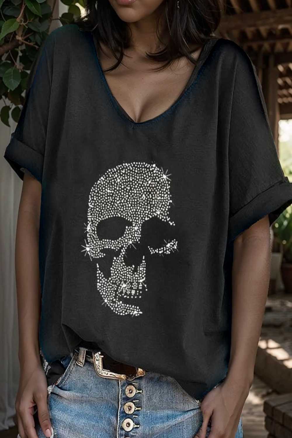 v neck skull print loose short sleeve t shirt 105638