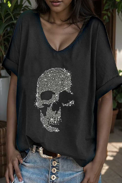 v neck skull print loose short sleeve t shirt 105637