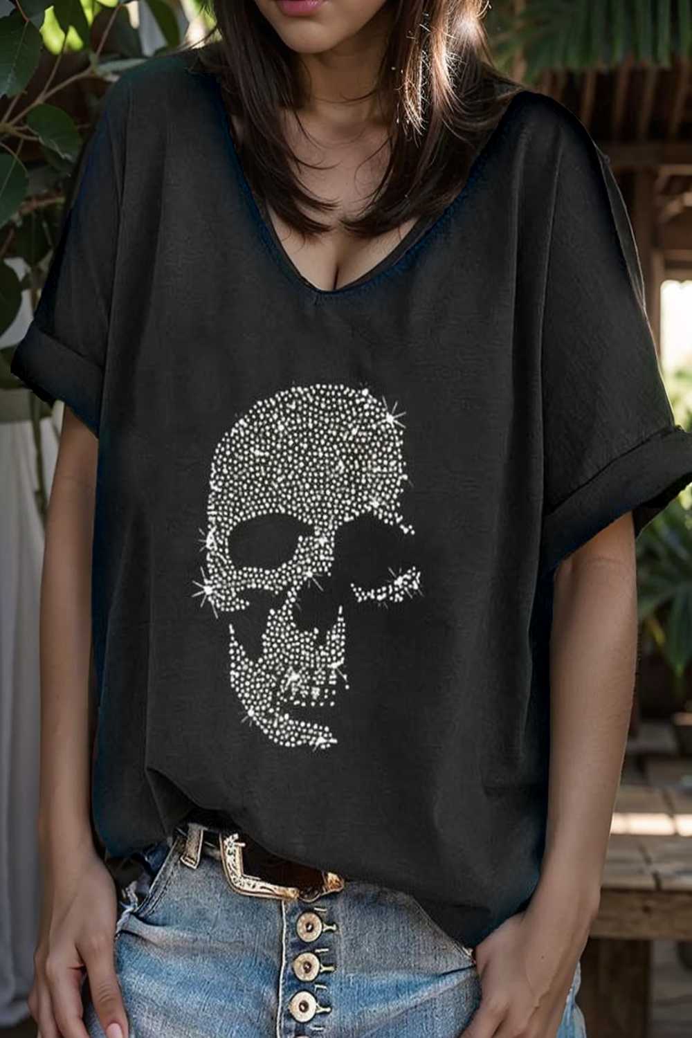 v neck skull print loose short sleeve t shirt 105636