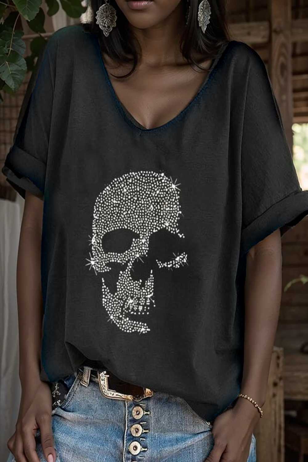 v neck skull print loose short sleeve t shirt 105635