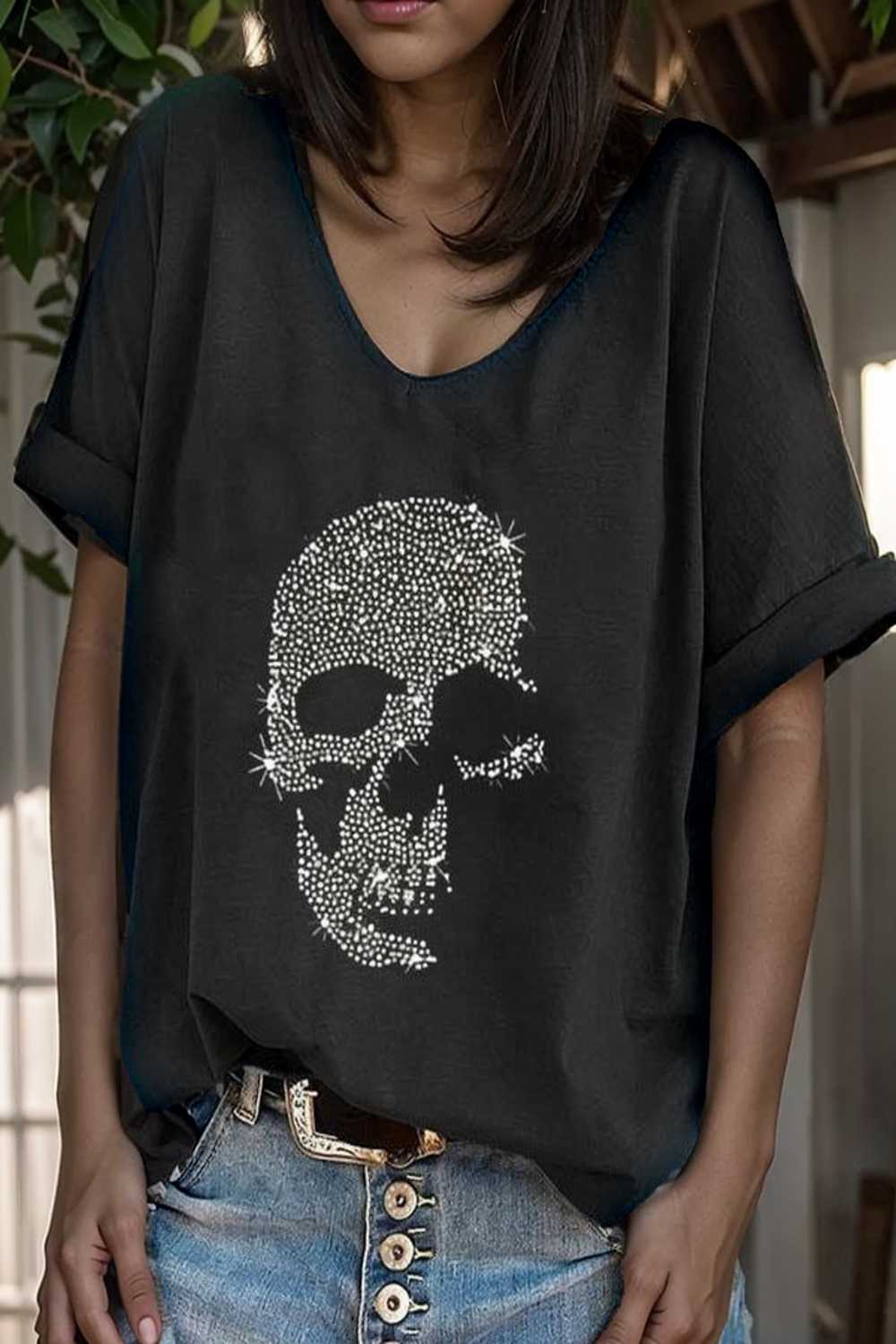 v neck skull print loose short sleeve t shirt 105634