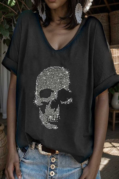 v neck skull print loose short sleeve t shirt 105633