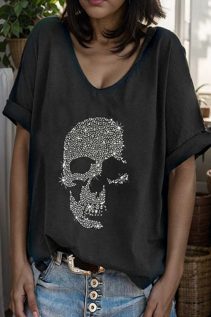 v neck skull print loose short sleeve t shirt 105632