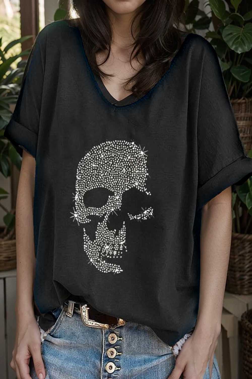 v neck skull print loose short sleeve t shirt 105631