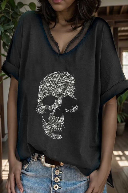 v neck skull print loose short sleeve t shirt 105630
