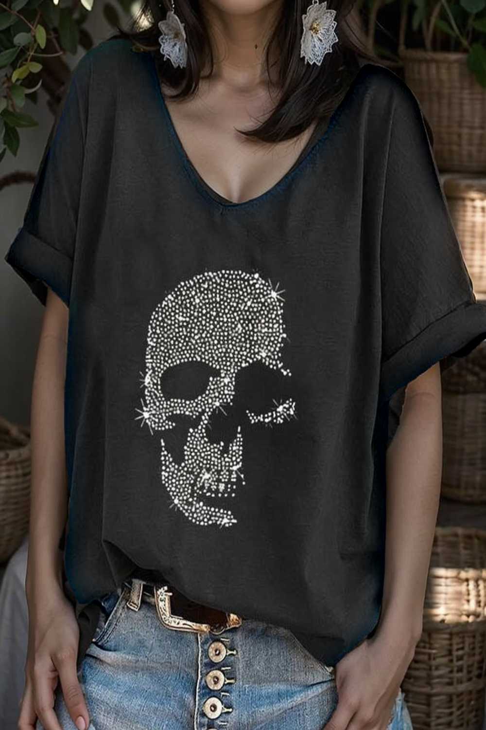 v neck skull print loose short sleeve t shirt 105629