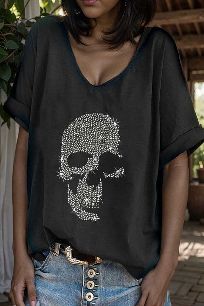 v neck skull print loose short sleeve t shirt 105628