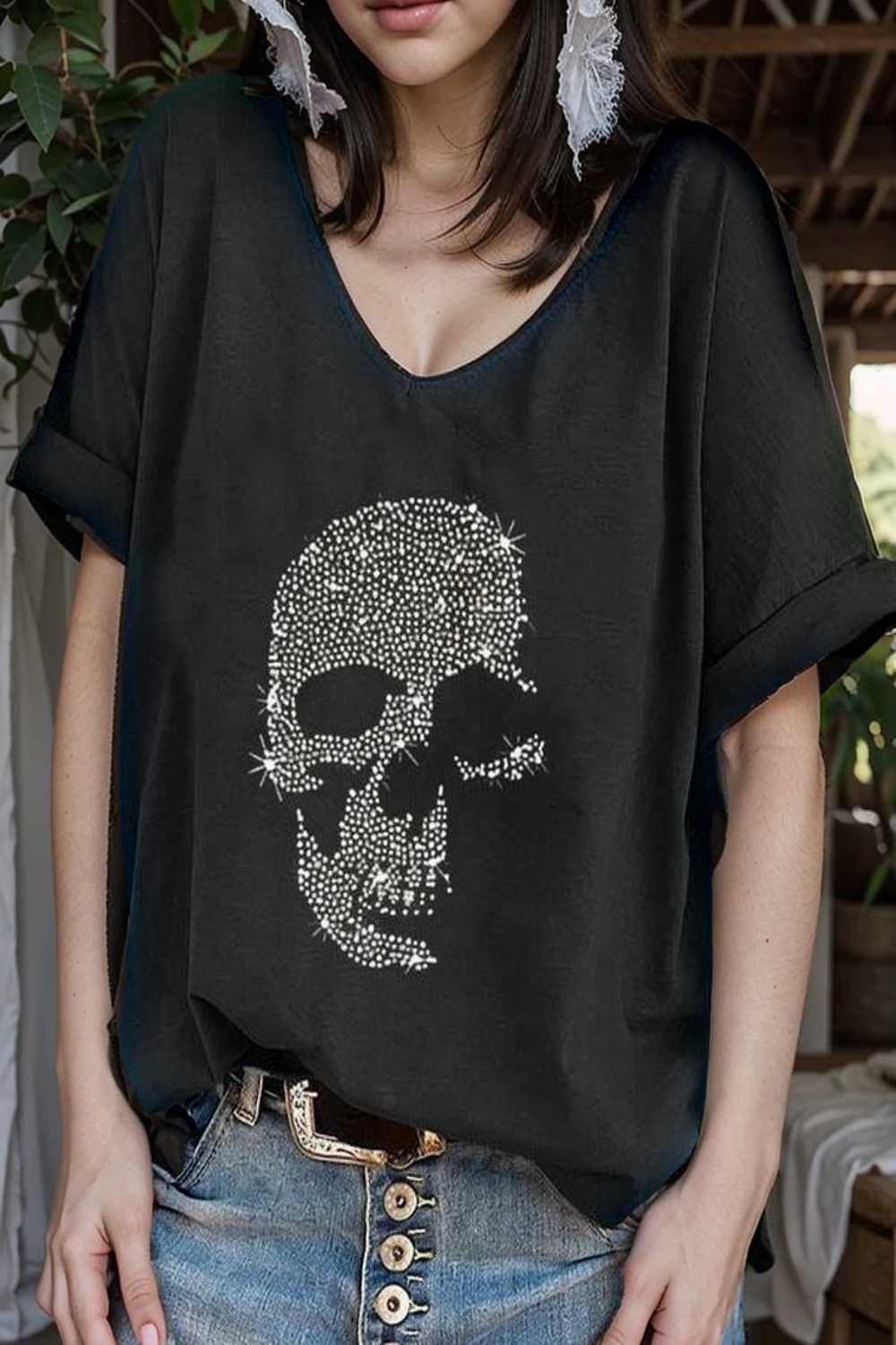 v neck skull print loose short sleeve t shirt 105627