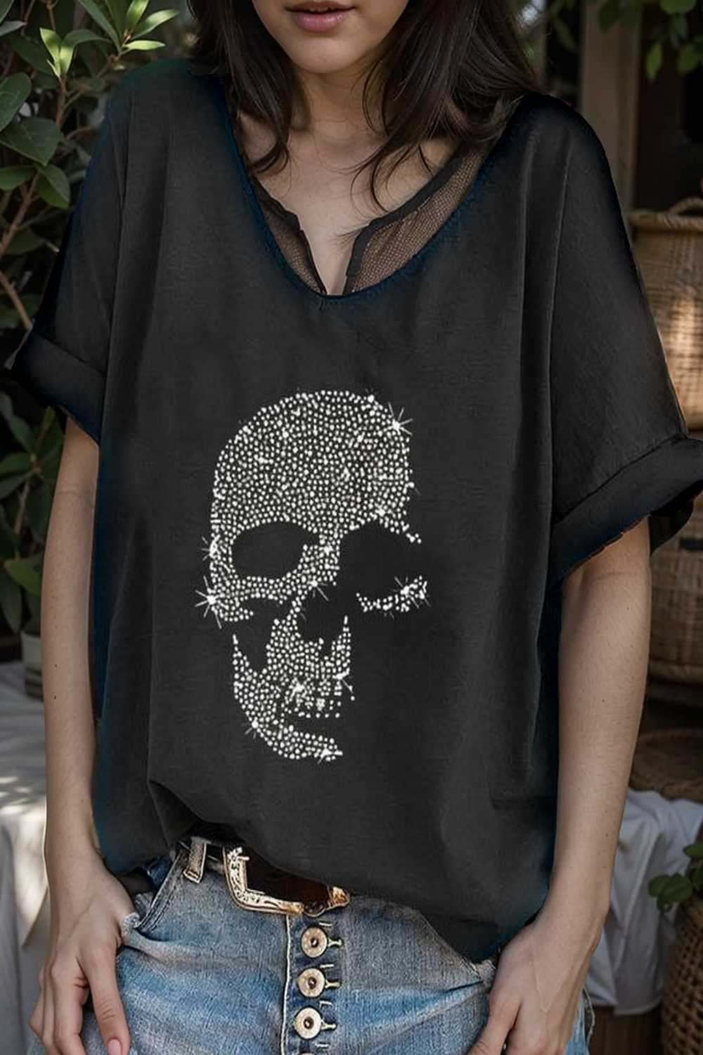 v neck skull print loose short sleeve t shirt 105625
