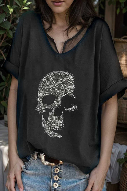 v neck skull print loose short sleeve t shirt 105625