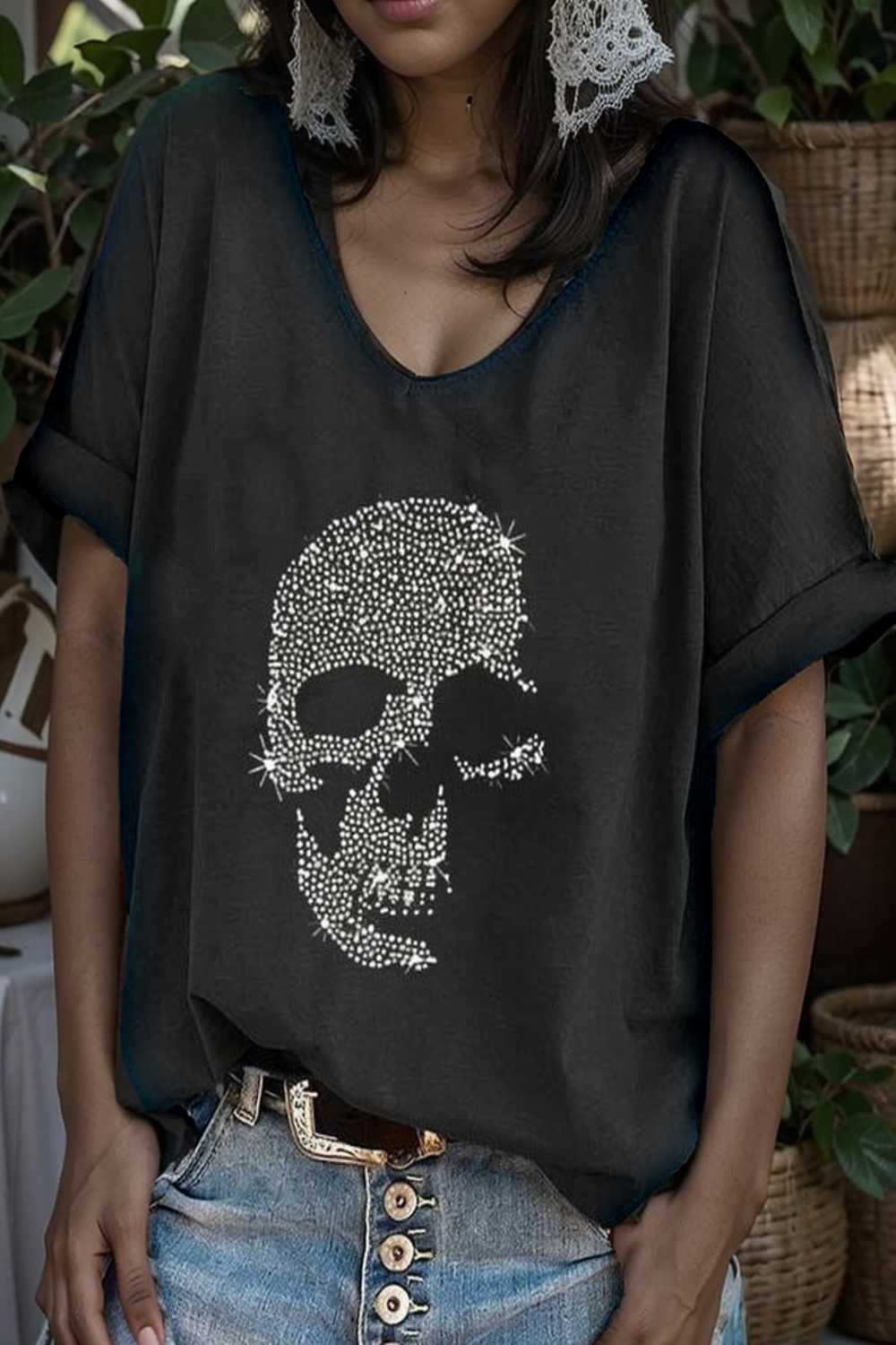 v neck skull print loose short sleeve t shirt 105624