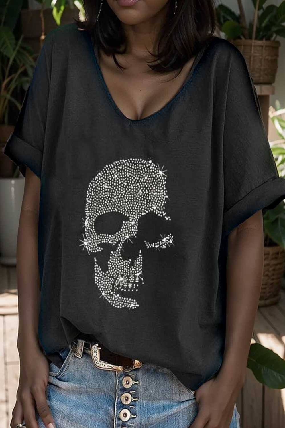 v neck skull print loose short sleeve t shirt 105623