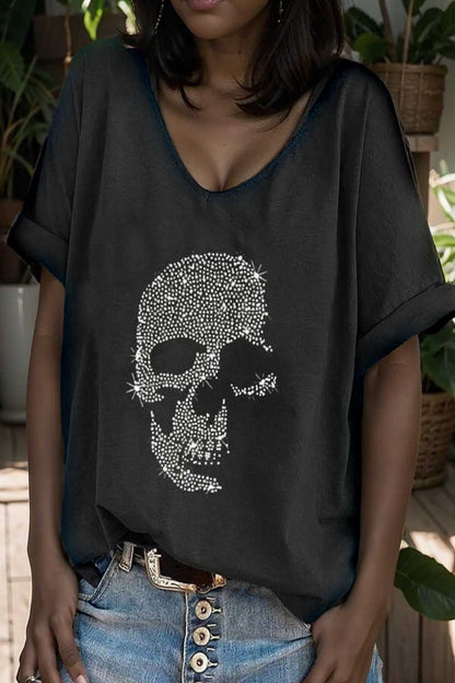 v neck skull print loose short sleeve t shirt 105623