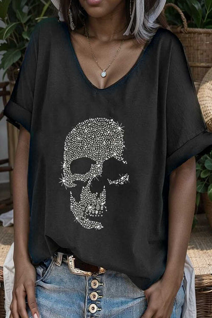 v neck skull print loose short sleeve t shirt 105622