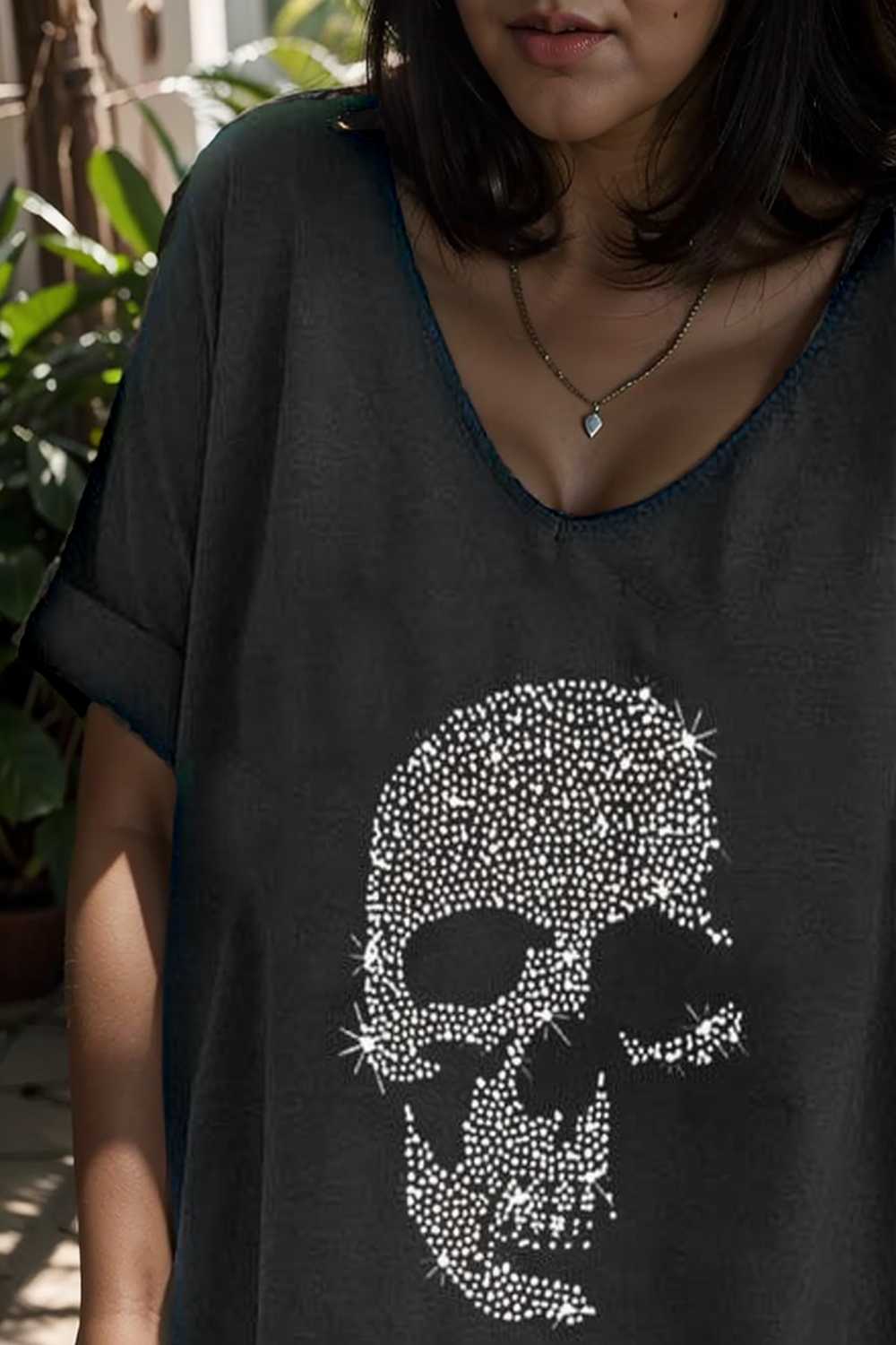 v neck skull print loose short sleeve t shirt 110625
