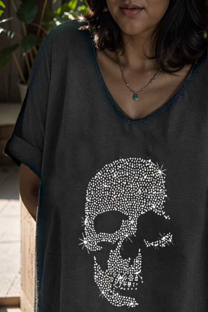 v neck skull print loose short sleeve t shirt 105621