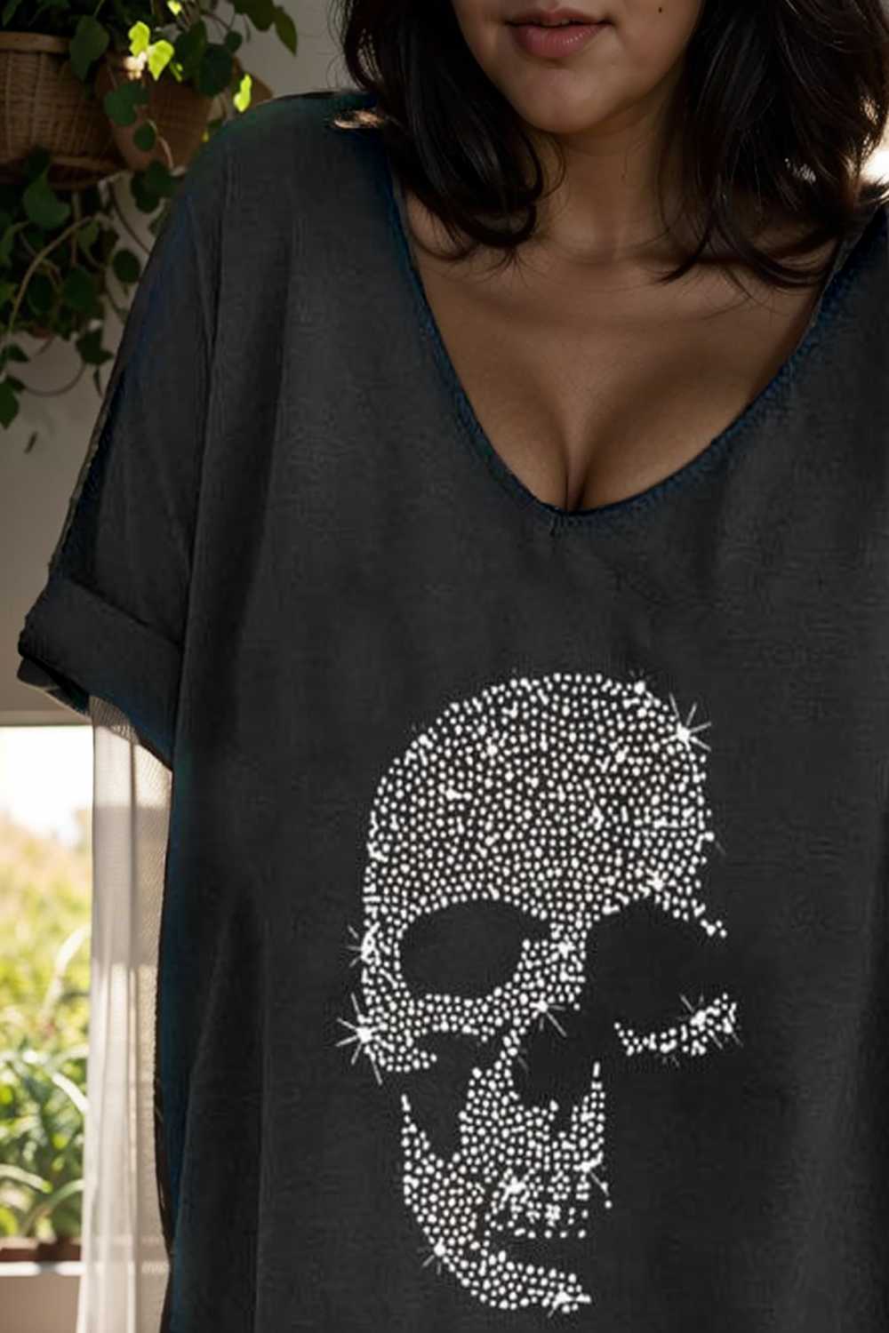 v neck skull print loose short sleeve t shirt 110624