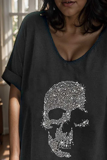 v neck skull print loose short sleeve t shirt 105620
