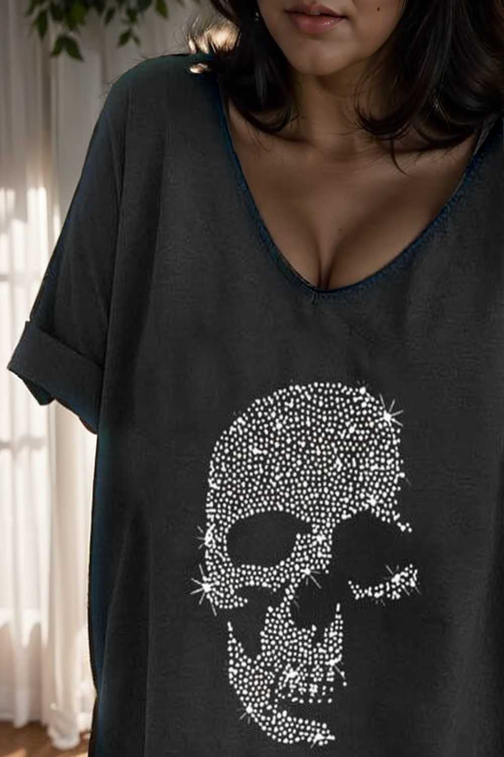 v neck skull print loose short sleeve t shirt 110623