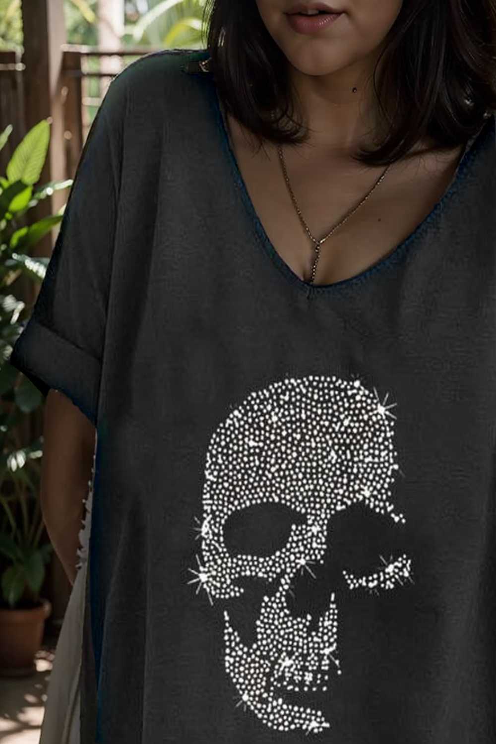 v neck skull print loose short sleeve t shirt 105619