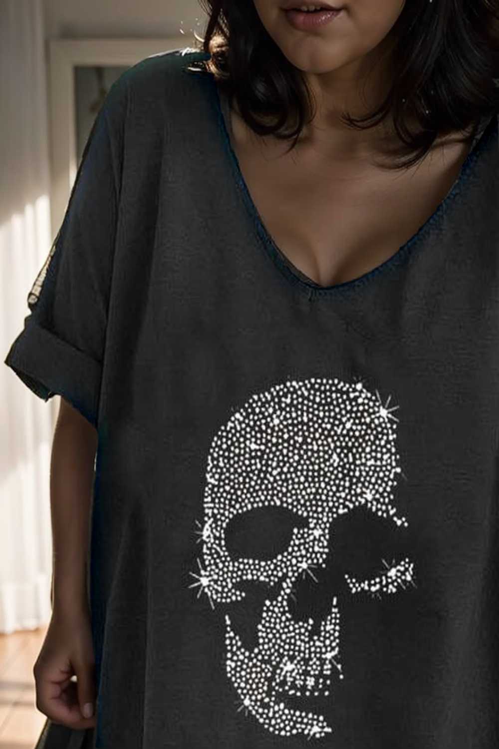 v neck skull print loose short sleeve t shirt 105618