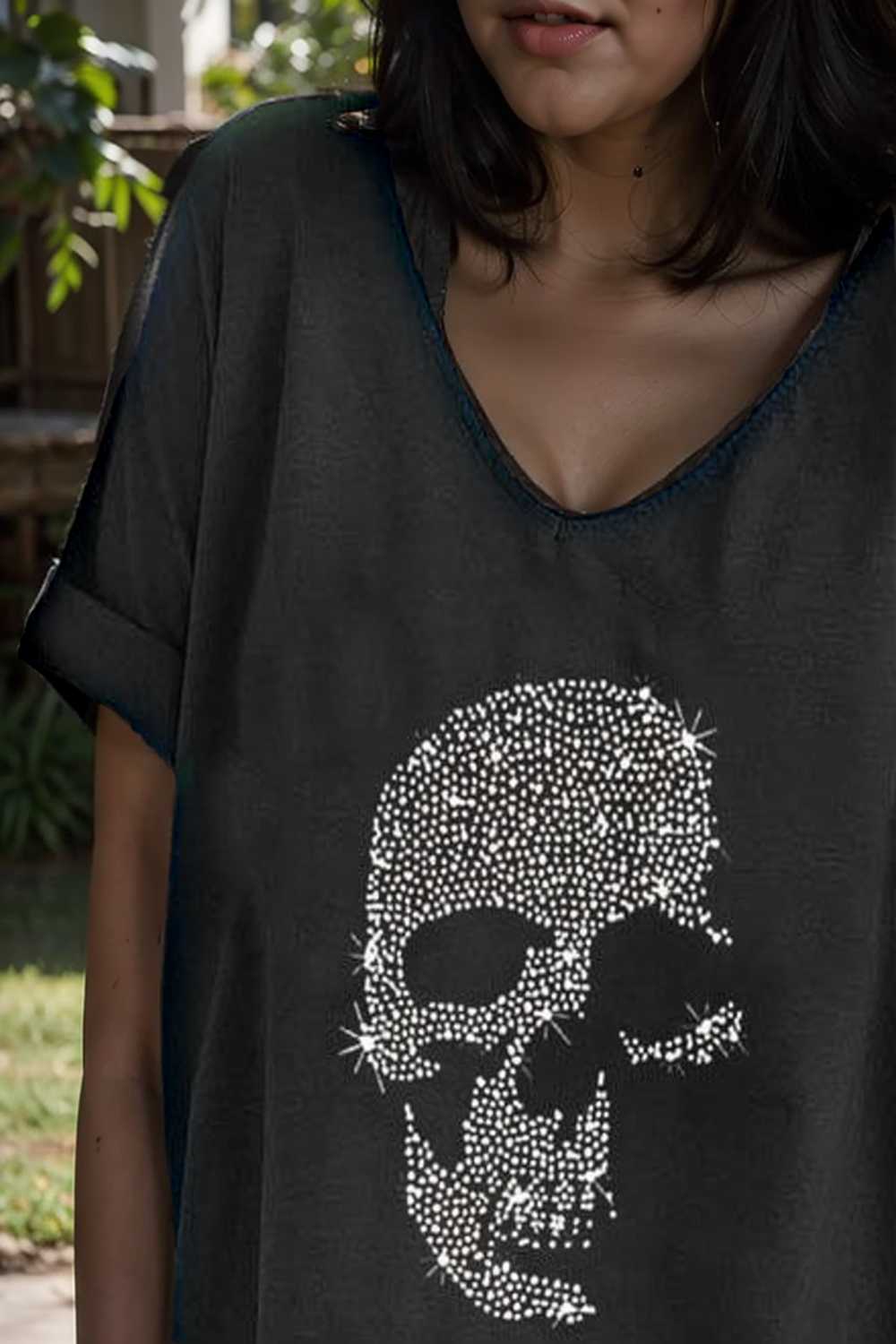 v neck skull print loose short sleeve t shirt 110622