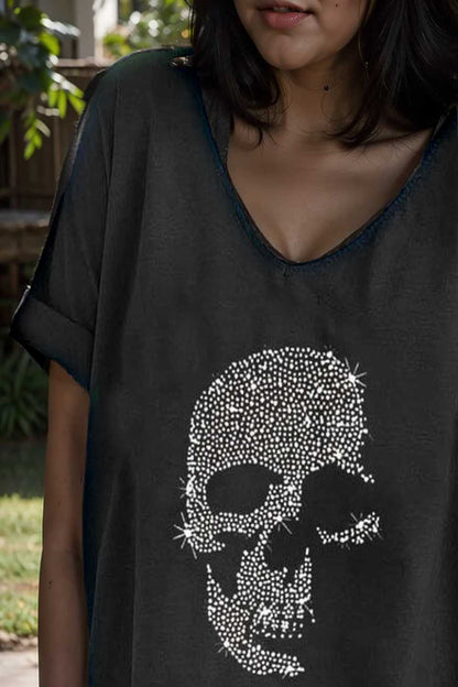 v neck skull print loose short sleeve t shirt 110622