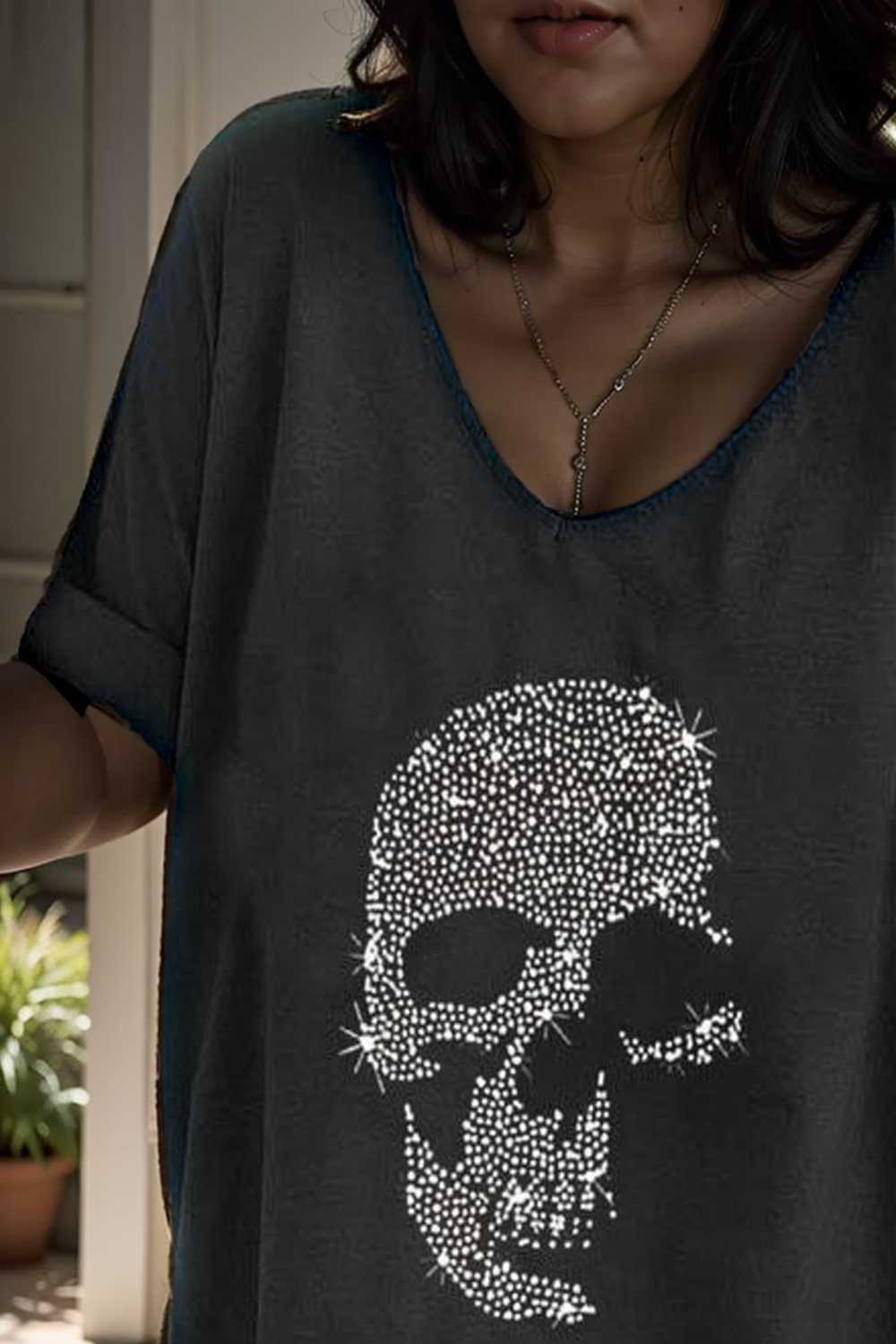v neck skull print loose short sleeve t shirt 110621