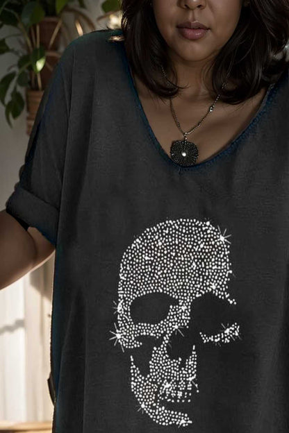 v neck skull print loose short sleeve t shirt 105617