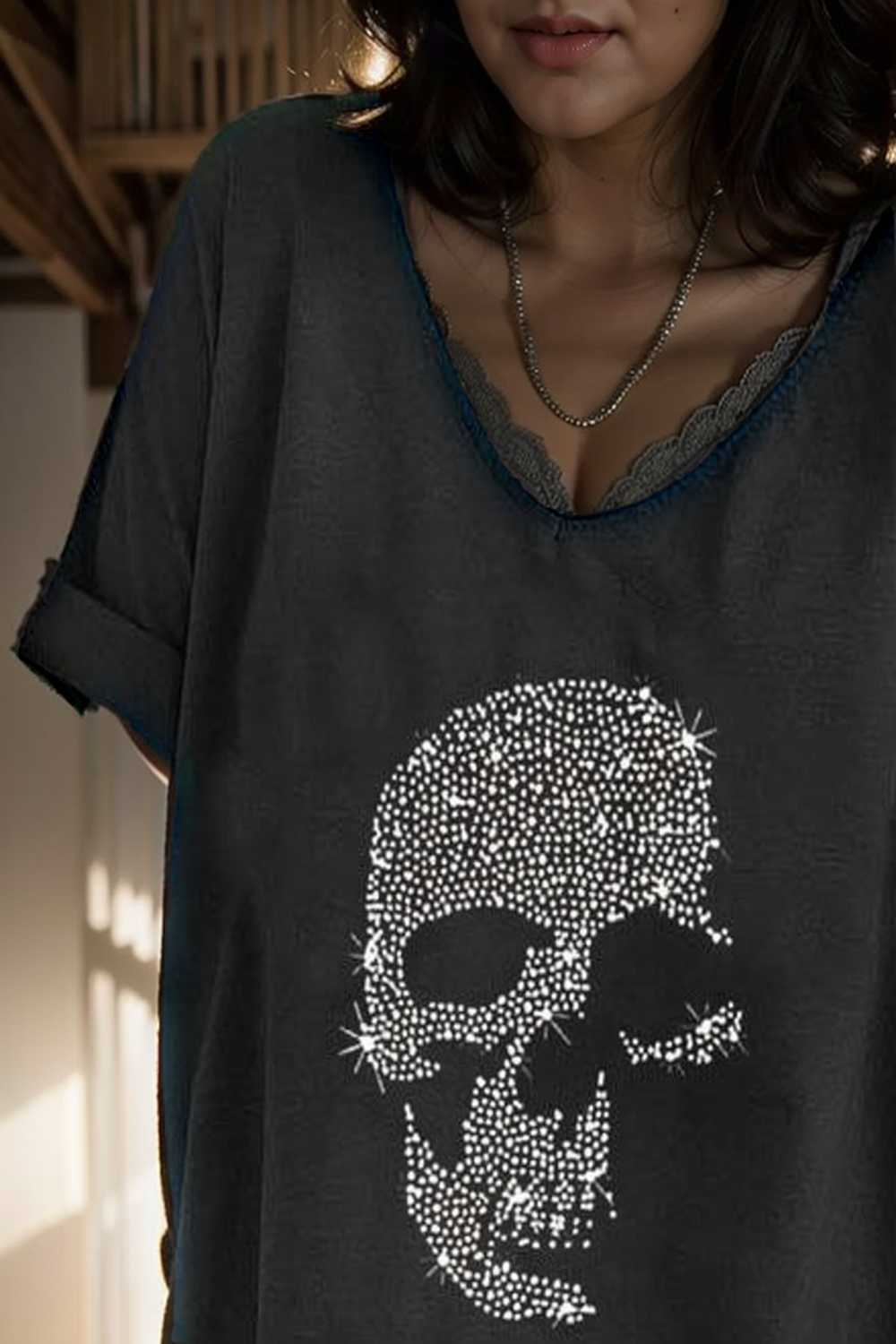 v neck skull print loose short sleeve t shirt 110620