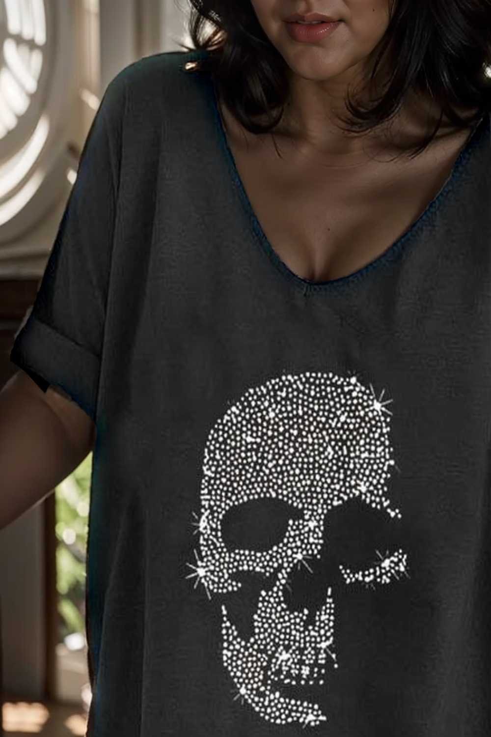 v neck skull print loose short sleeve t shirt 110619
