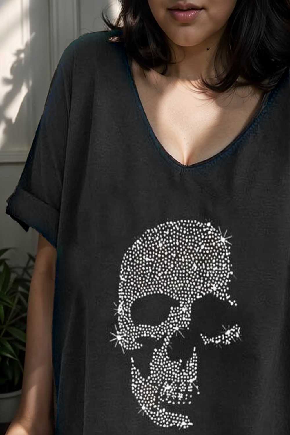 v neck skull print loose short sleeve t shirt 105615