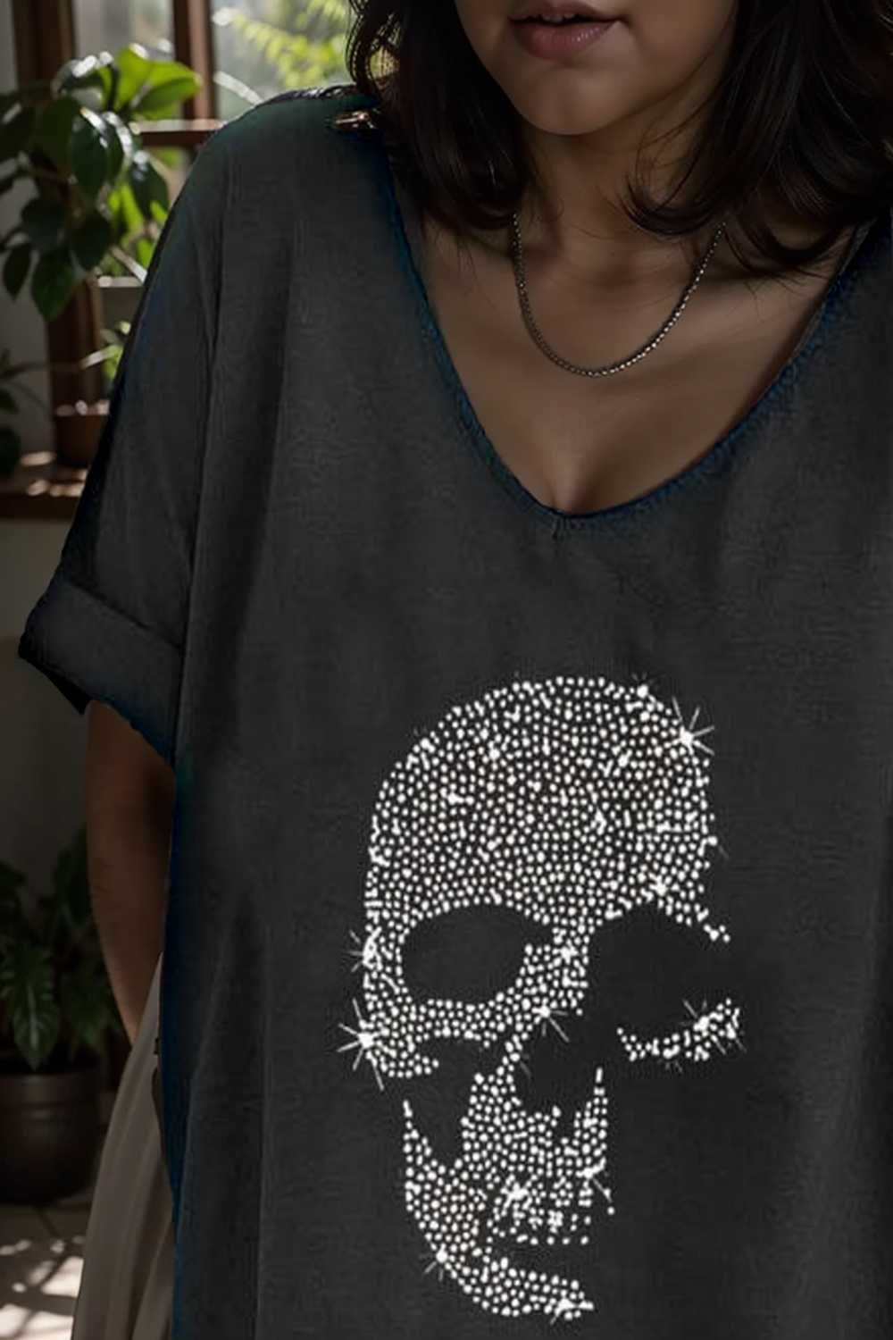 v neck skull print loose short sleeve t shirt 108412