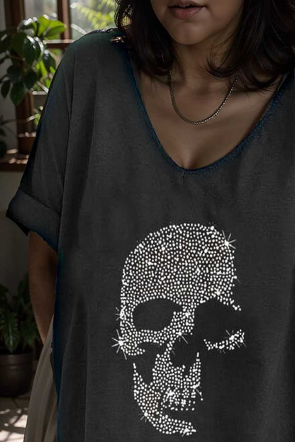 v neck skull print loose short sleeve t shirt 108412