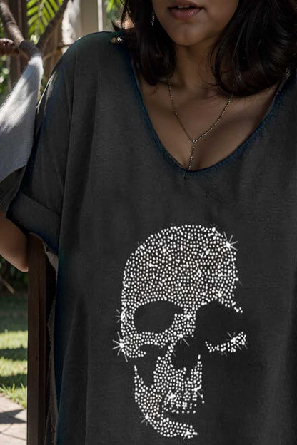 v neck skull print loose short sleeve t shirt 108410