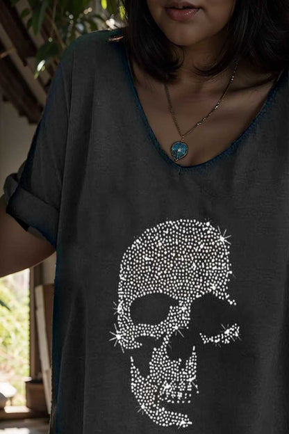v neck skull print loose short sleeve t shirt 108409