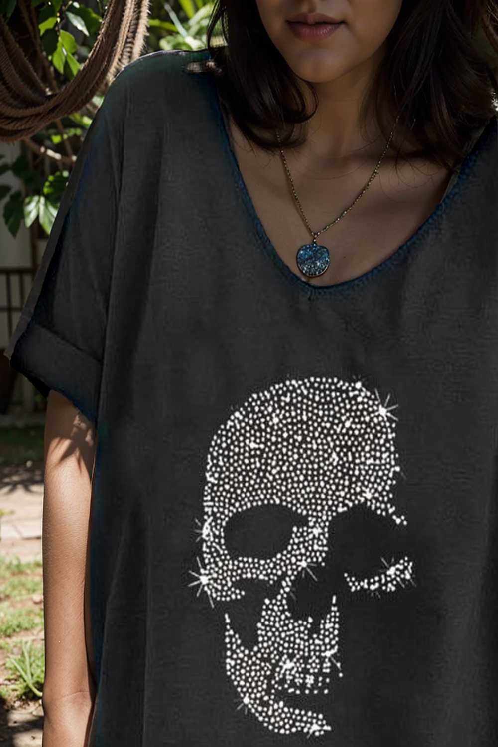 v neck skull print loose short sleeve t shirt 108408
