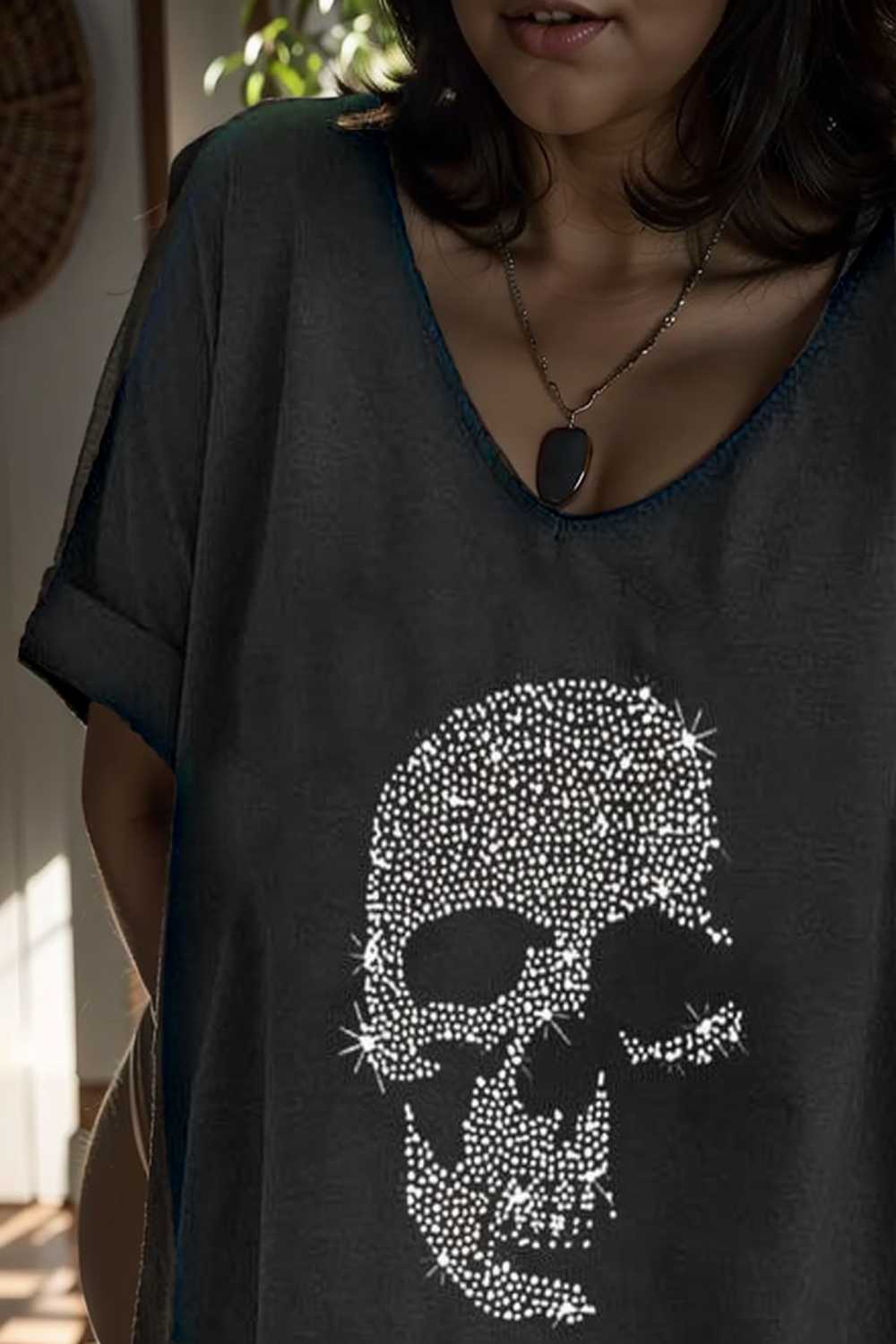 v neck skull print loose short sleeve t shirt 137637