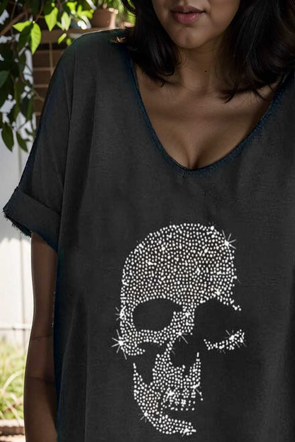 v neck skull print loose short sleeve t shirt 137636