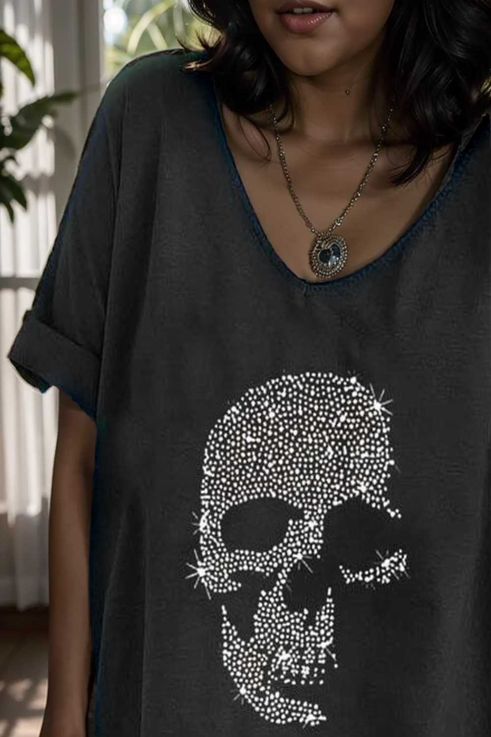 v neck skull print loose short sleeve t shirt 137635