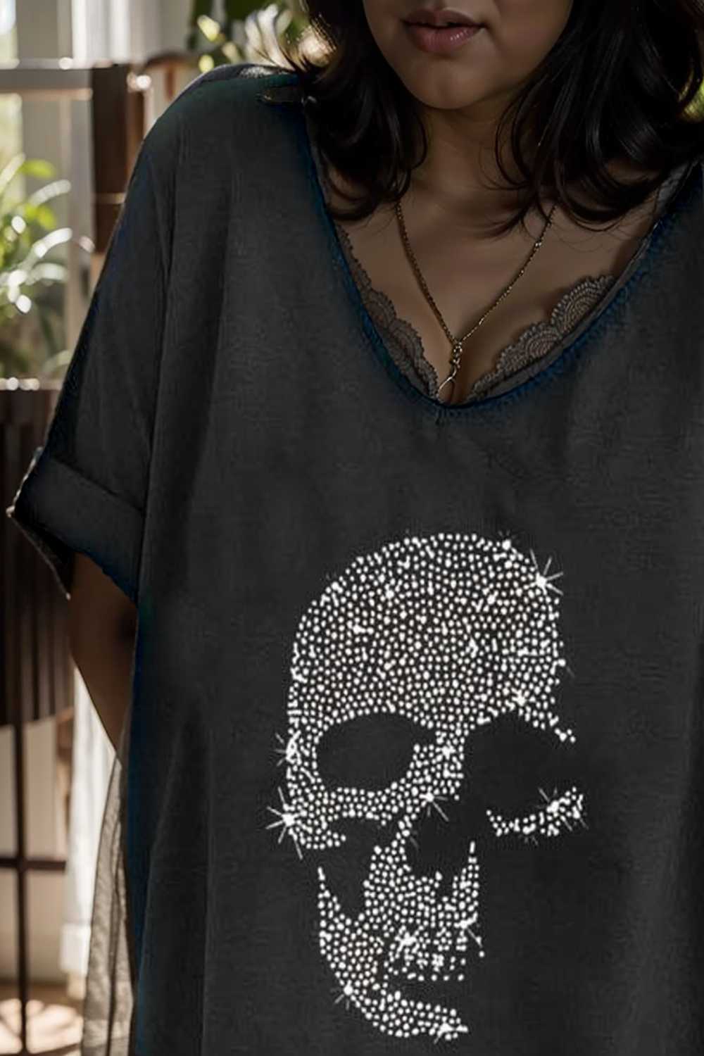 v neck skull print loose short sleeve t shirt 137634