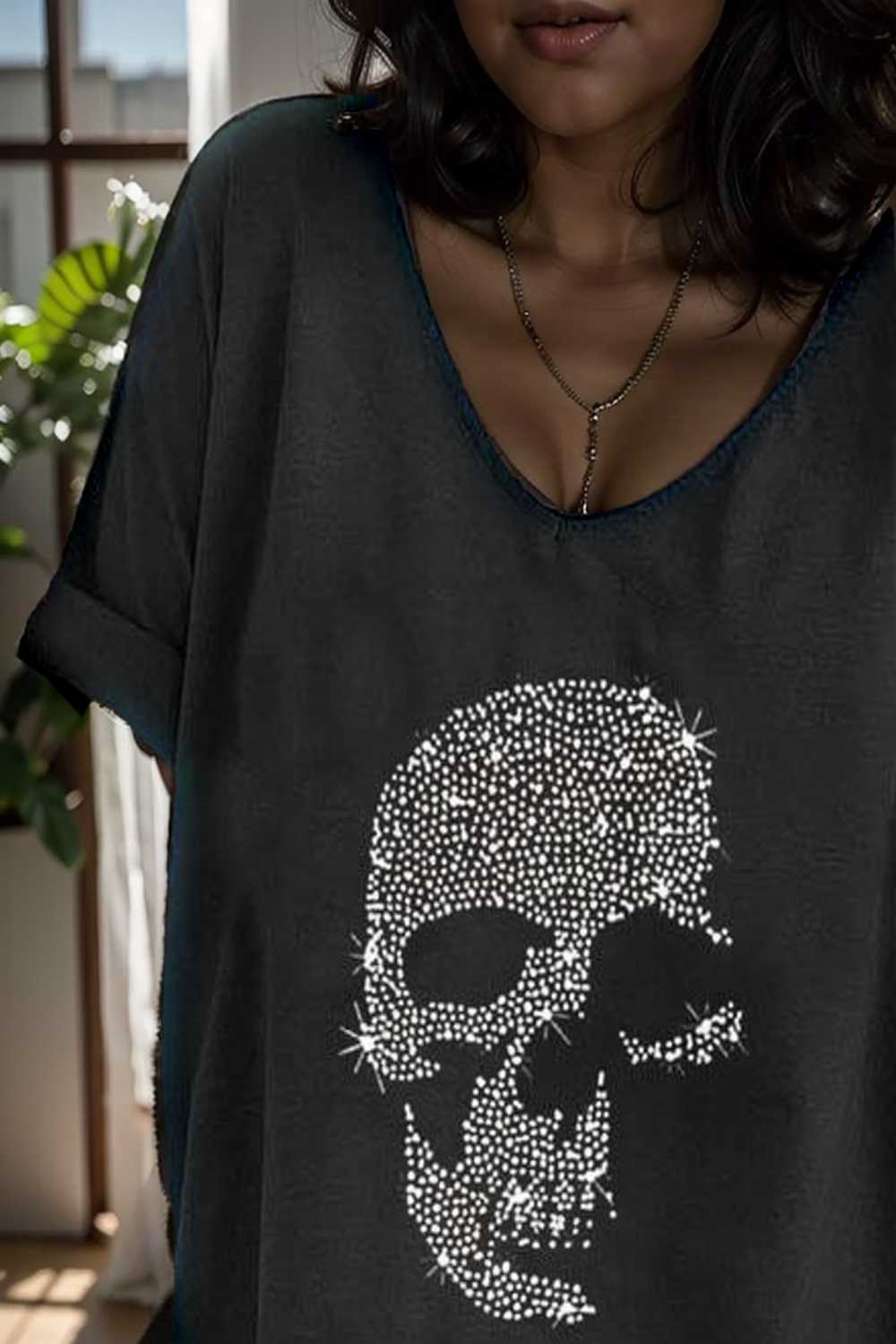 v neck skull print loose short sleeve t shirt 137633