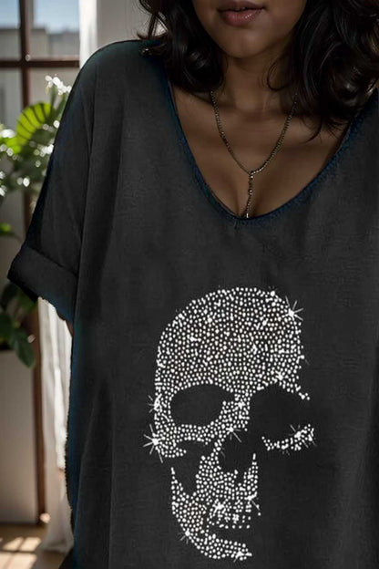 v neck skull print loose short sleeve t shirt 137633