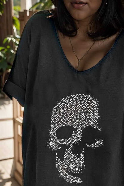 v neck skull print loose short sleeve t shirt 137632