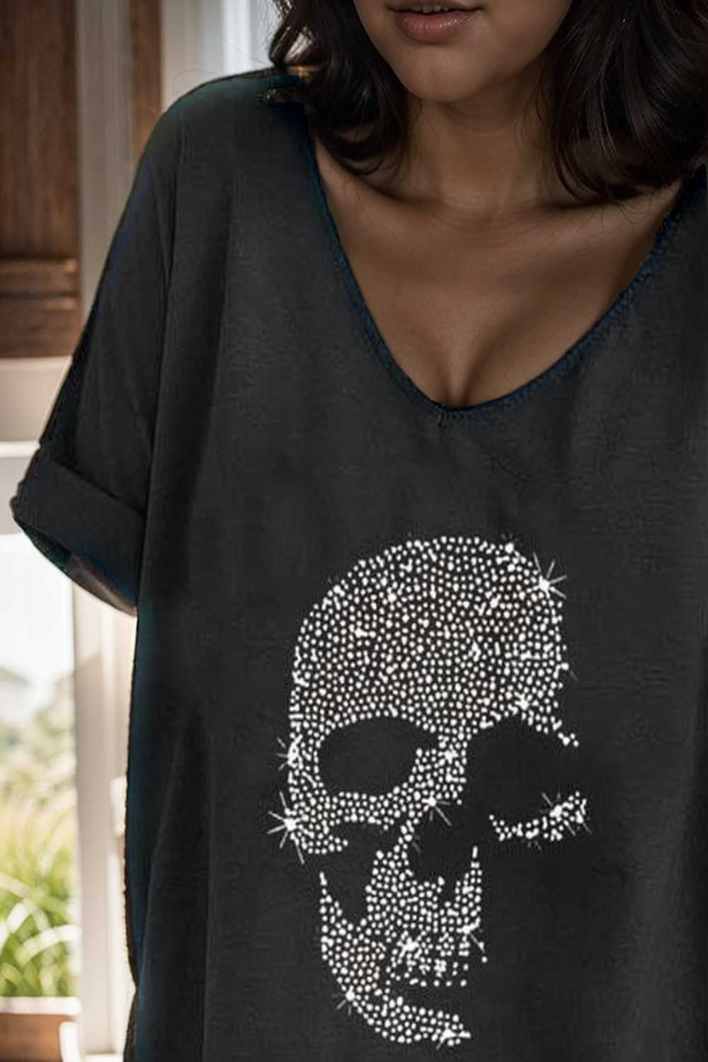 v neck skull print loose short sleeve t shirt 137631