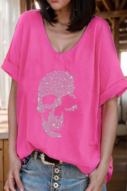 v neck skull print loose short sleeve t shirt 137630