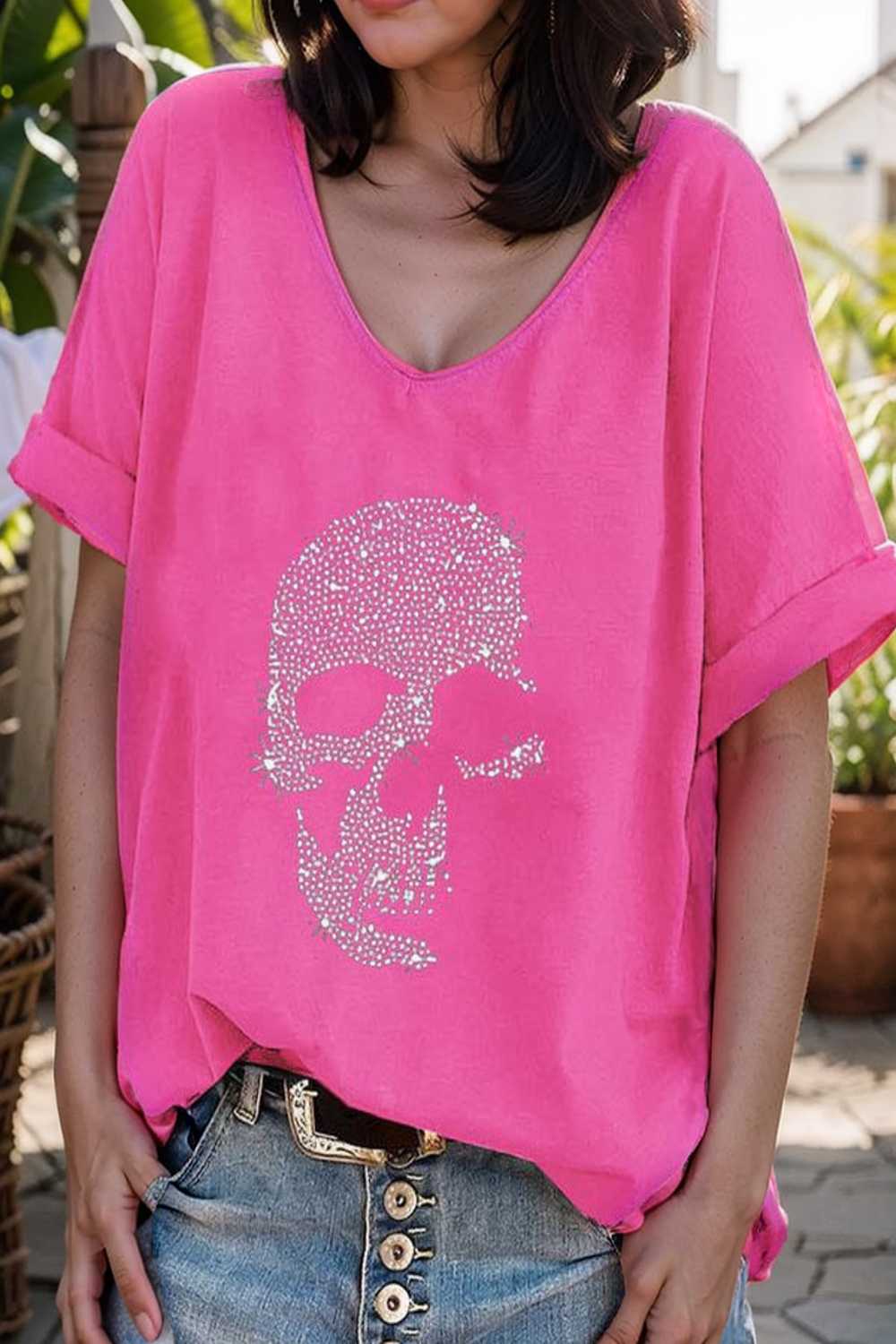 v neck skull print loose short sleeve t shirt 110618