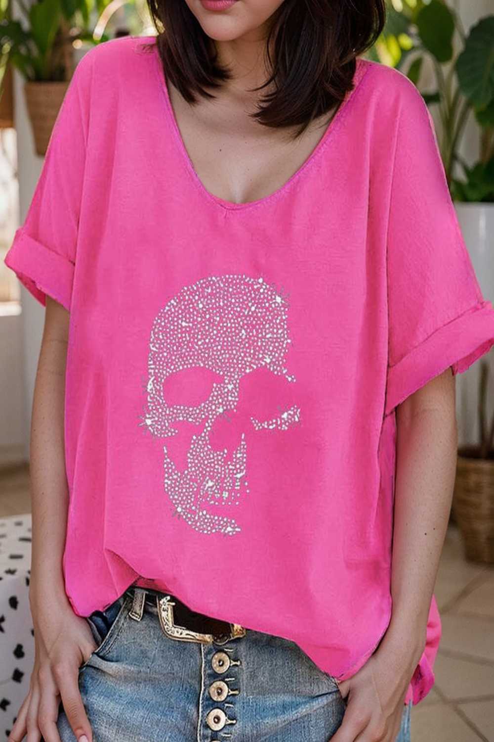 v neck skull print loose short sleeve t shirt 107303